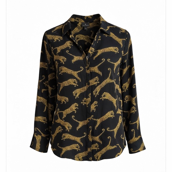 Vtg Black Leopard Print Blouse | Gold Jaguar Print | Button V-Neck Top | Large - Picture 2 of 13